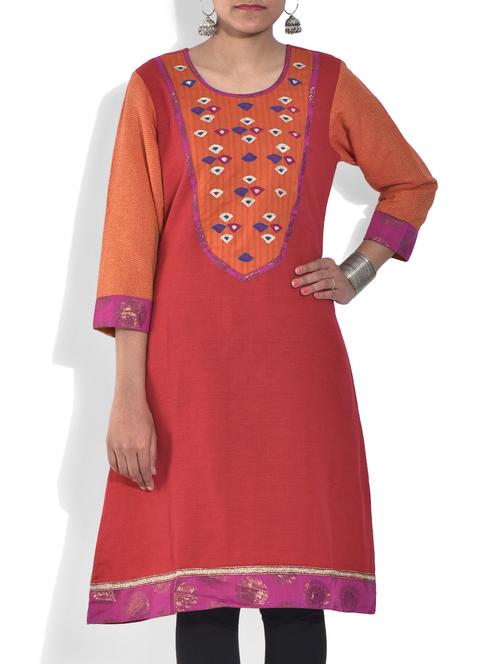 maroon printed cotton kurta - 9572373 - Very Small Image - 1