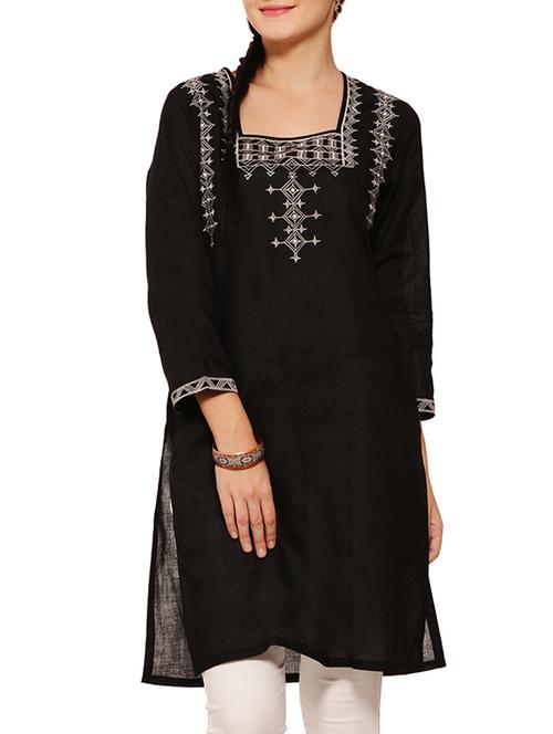 Black Embroidered Voile Kurta - 9579546 - Very Small Image - 1
