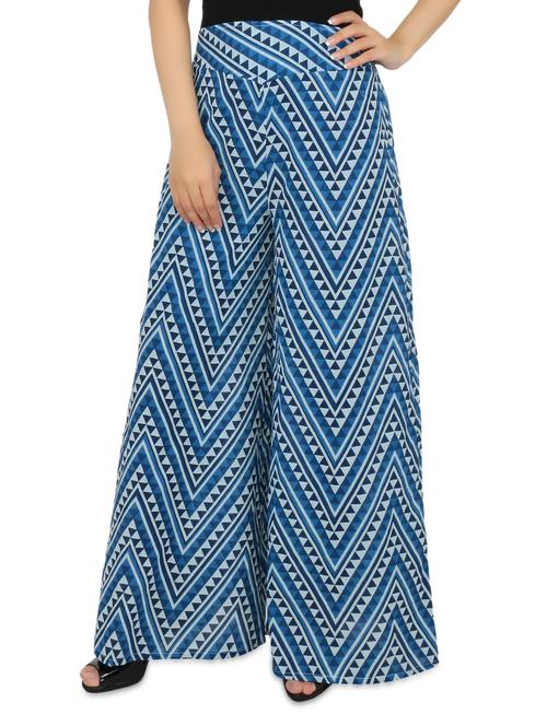 indigo and white cotton printed pallazo - 9582264 - Very Small Image - 1