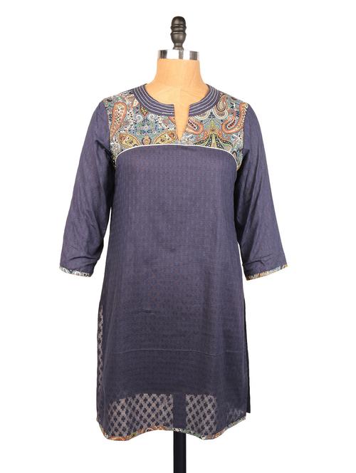 dobby weave kurta with printed yoke - 958363 - Very Small Image - 1