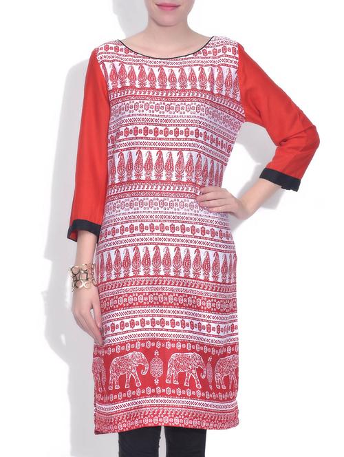 red rayon printed three quarter sleeved kurti - 9585081 - Very Small Image - 1
