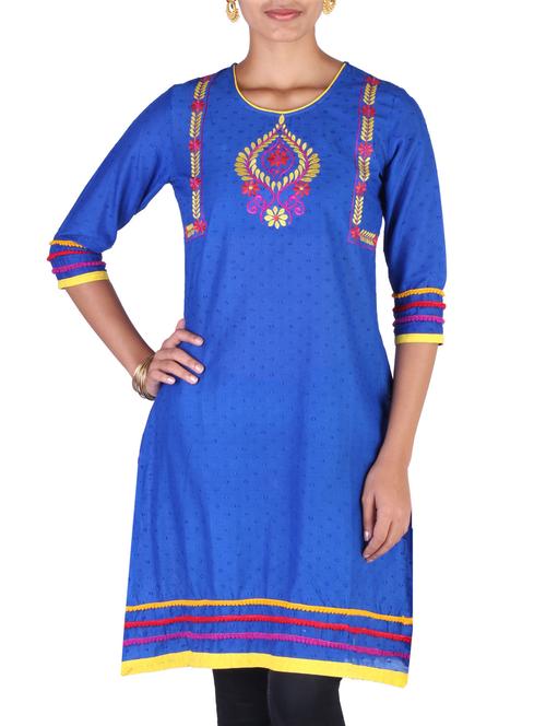 blue cotton a-line embroidered kurta - 9585725 - Very Small Image - 1
