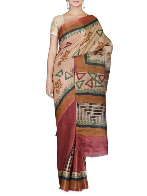 beige printed bhagalpuri silk blend saree - 9586947 - Very Small Image - 1