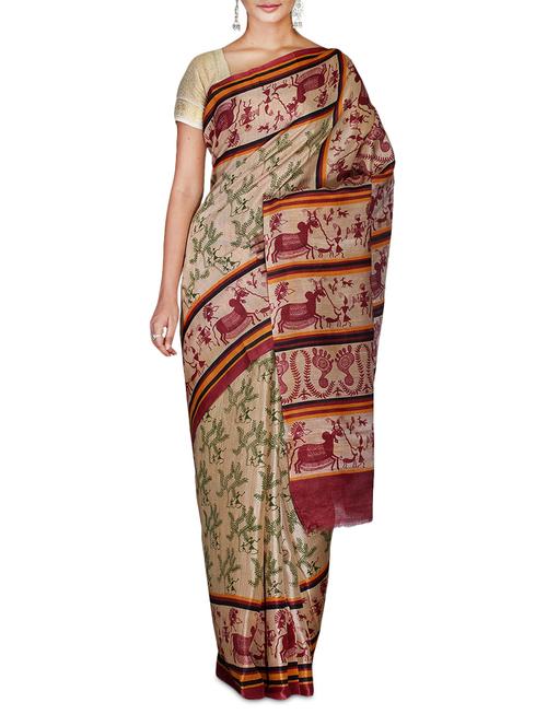 beige printed bhagalpuri silk blend saree - 9586955 - Very Small Image - 1