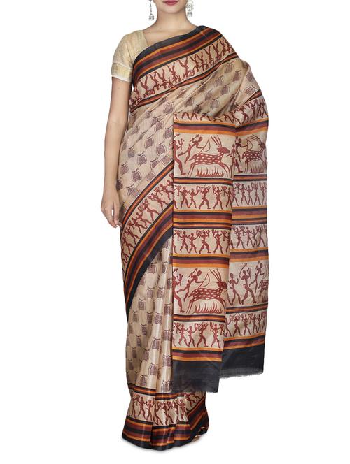 beige printed bhagalpuri silk blend saree - 9586968 - Very Small Image - 1