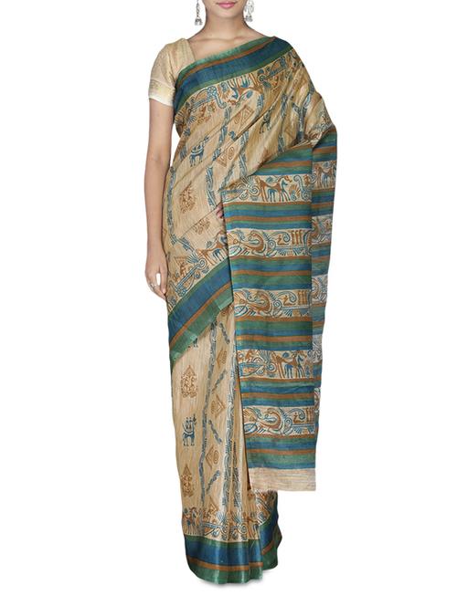 beige silk blend bhagalpuri printed saree - 9587032 - Very Small Image - 1