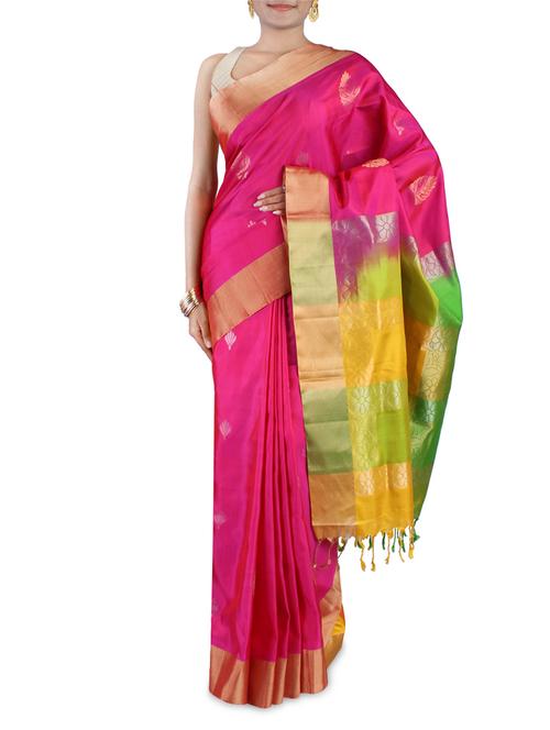 magenta floral silk saree with gold border - 9587675 - Very Small Image - 1