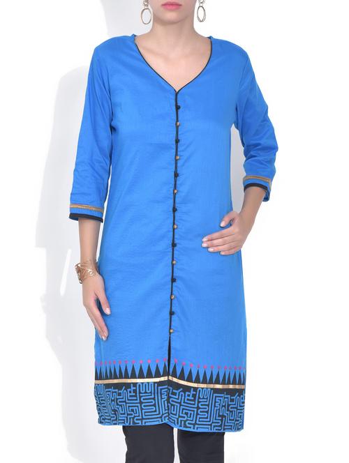blue cotton straight kurta - 9588299 - Very Small Image - 1