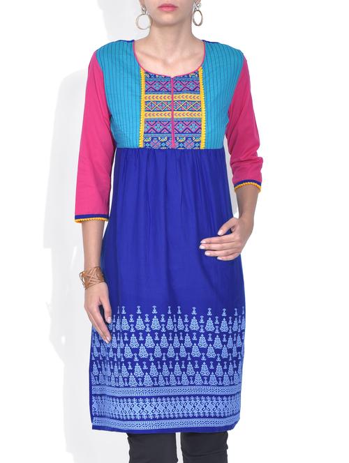cobalt blue printed cotton kurta - 9588341 - Very Small Image - 1