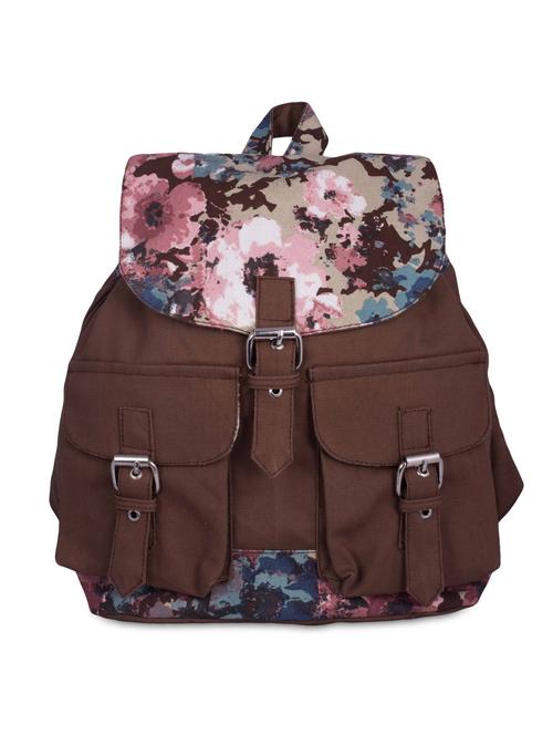 brown floral printed canvas backpack - 9594078 - Very Small Image - 1
