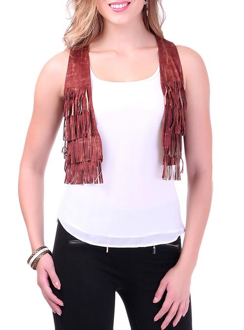 rust brown fringed crop vest - 9600807 - Very Small Image - 1