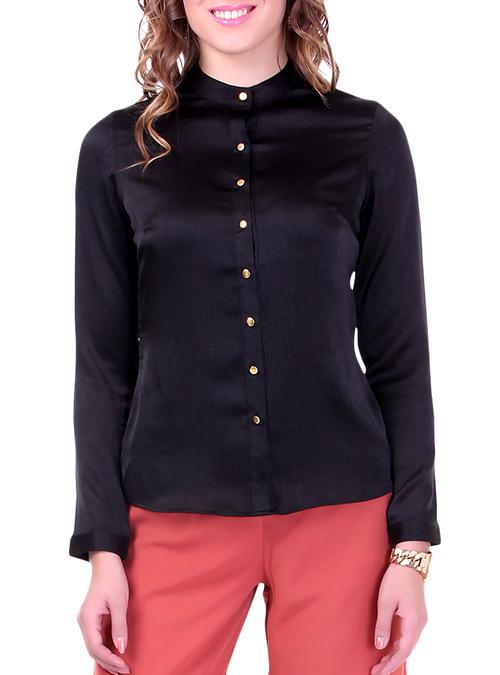 black poly satin mandarin collar shirt - 9600815 - Very Small Image - 1