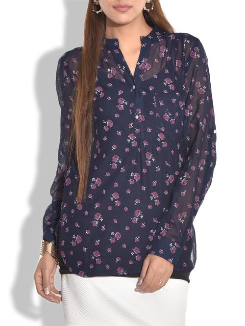 navy blue floral printed cotton top - 9603504 - Very Small Image - 1