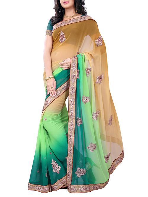 Beige & Green Chiffon Embroidered Saree - 9604016 - Very Small Image - 1