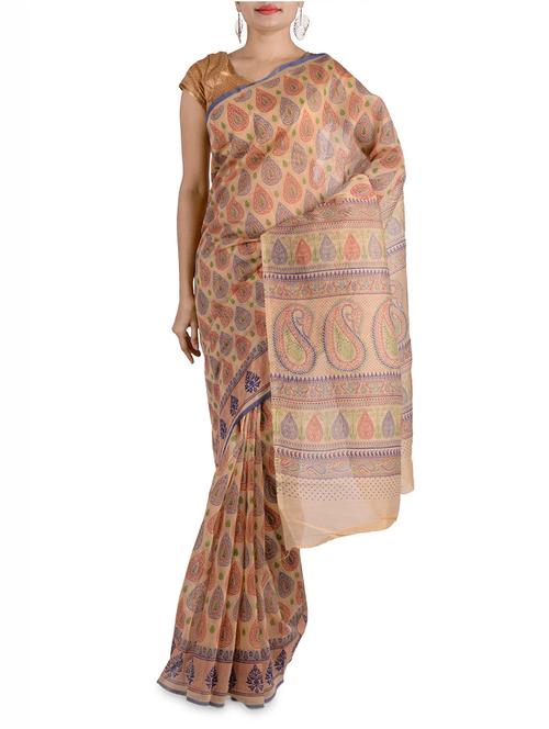 Beige Printed Cotton Saree With Blouse - 9604891 - Very Small Image - 1