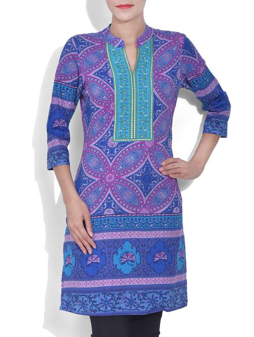 blue cotton printed kurta - 9608188 - Very Small Image - 1