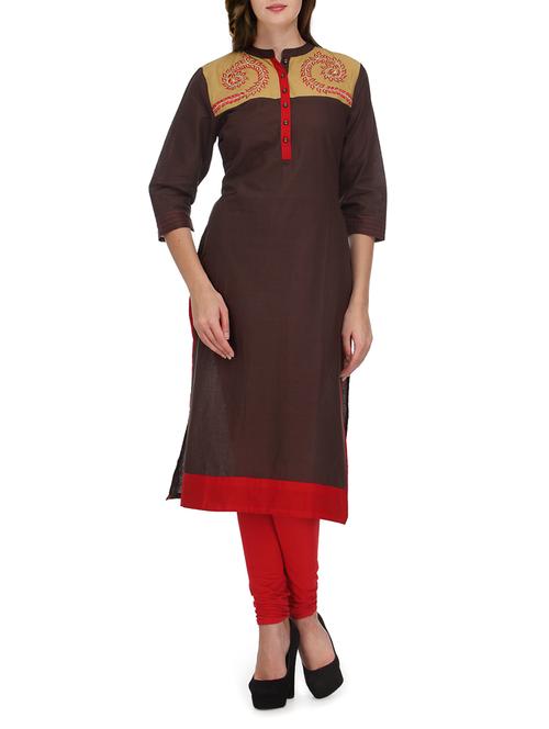coffee brown embroidered mandarin collar cotton kurta - 9608584 - Very Small Image - 1