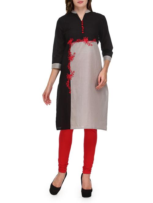 black and grey floral embroidered cotton kurta - 9608591 - Very Small Image - 1