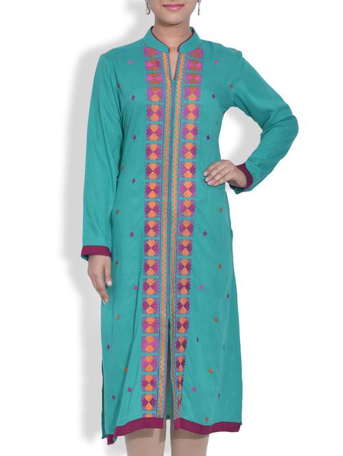 embroidered turquoise rayon long kurta - 9608621 - Very Small Image - 1