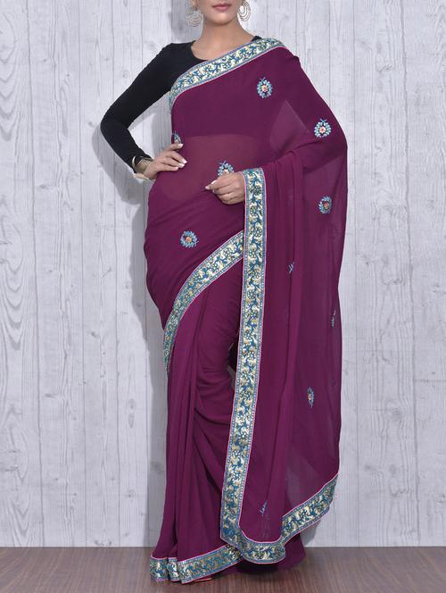 plum embroidered pure georgette saree - 9609384 - Very Small Image - 1