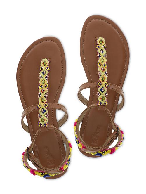 brown beads embellished leather sandals - 9610218 - Very Small Image - 1