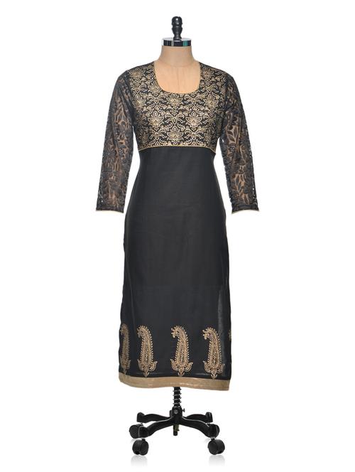 gold print with jaquard sleeve long kurta - 961072 - Very Small Image - 1