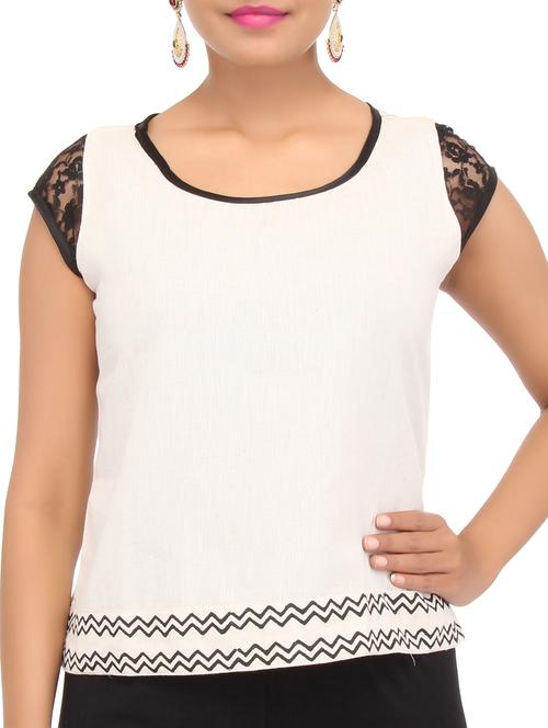 white cotton crop top with lace sleeves - 9612133 - Very Small Image - 1