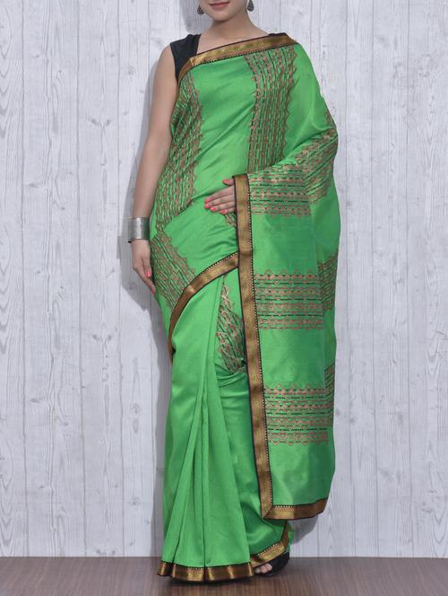 Green Dupion Silk Printed Saree - 9613394 - Very Small Image - 1