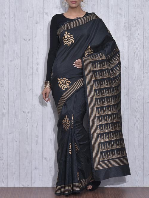 Black and Gold Poly Dupion Silk Printed Sari - 9613403 - Very Small Image - 1