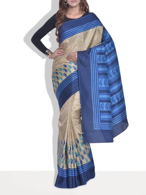 beige and blue printed silk saree - 9613953 - Very Small Image - 1