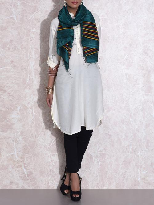 teal green raw silk handloom stole - 9616312 - Very Small Image - 1