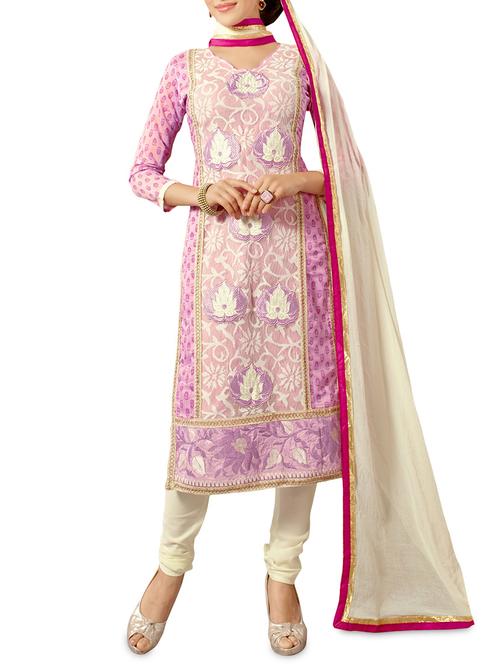 pink chanderi embroidered unstitched suit set - 9618487 - Very Small Image - 1