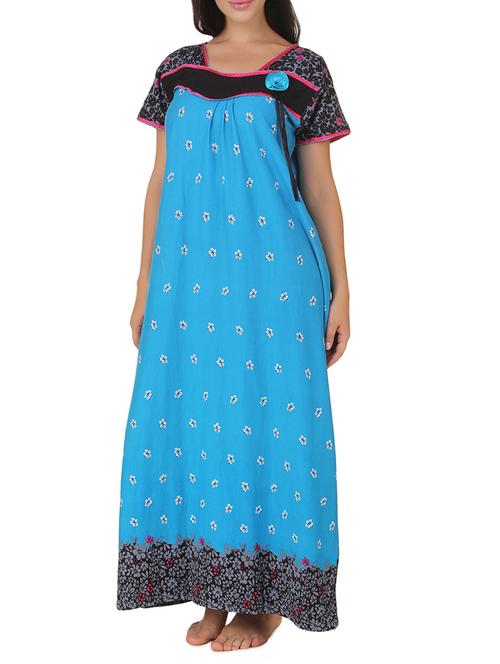 blue shinker cotton printed  long nighty - 9620044 - Very Small Image - 1