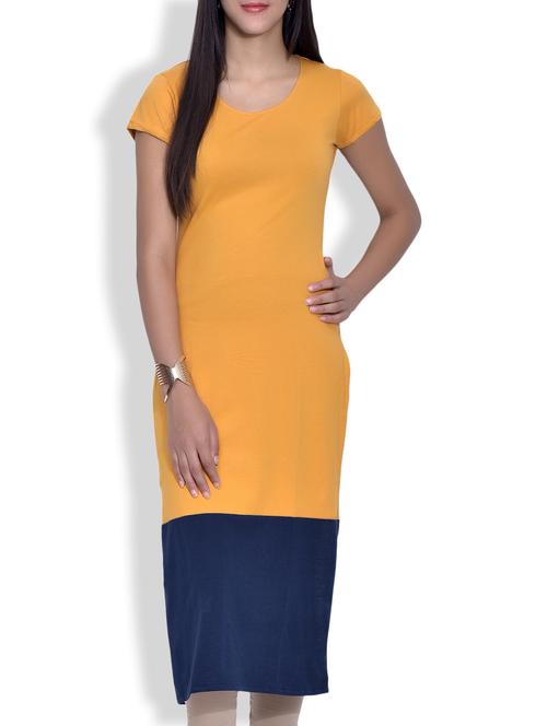 mustard yellow color blocked knitted cotton kurta - 9620837 - Very Small Image - 1