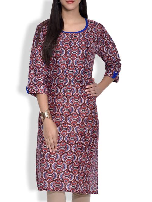 red and blue printed cotton kurta - 9620852 - Very Small Image - 1