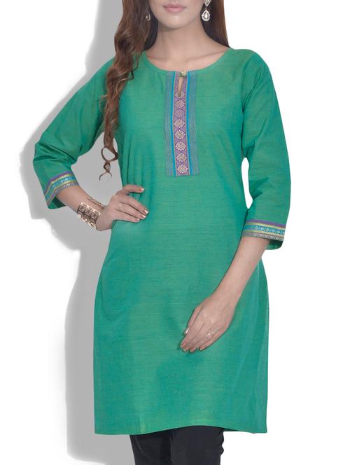 green cotton quarter sleeved kurta - 9622108 - Very Small Image - 1