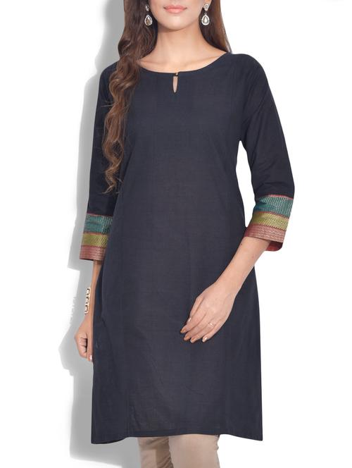 black cotton quarter sleeved kurta - 9622114 - Very Small Image - 1