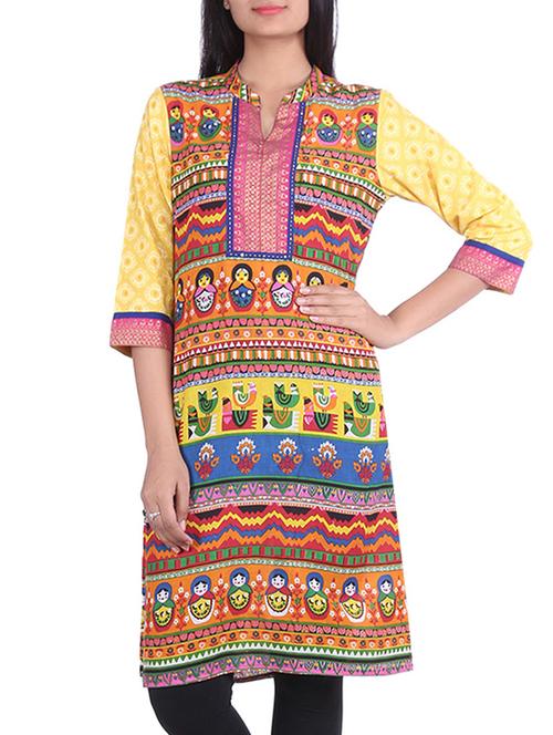 yellow printed quarter sleeved cotton kurta - 9624220 - Very Small Image - 1