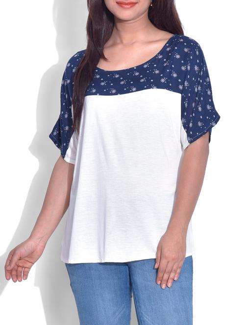 white rayon and viscose spandex knit printed top - 9625577 - Very Small Image - 1