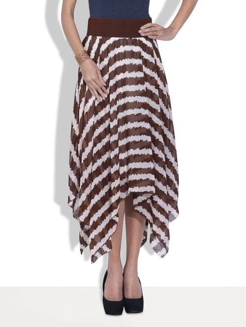 brown and white printed asymmetrical georgette skirt - 9625741 - Very Small Image - 1