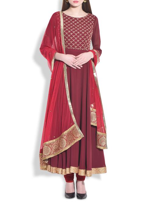 maroon marsala embroidered floor length georgette anarkali suit set - 9630693 - Very Small Image - 1