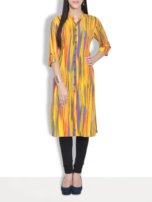 rayon printed three quarter sleeved kurta - 9631435 - Very Small Image - 1