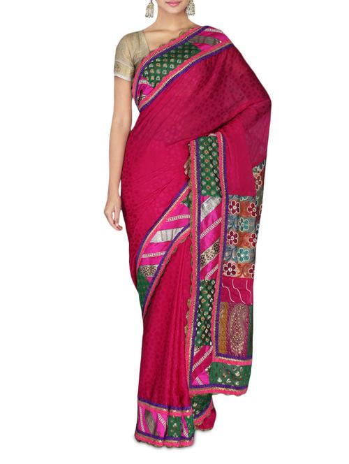 pink cutdana embroidered faux chiffon jacquard saree - 9632104 - Very Small Image - 1