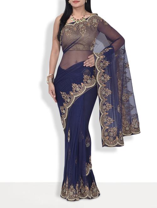 navy blue embroidered net handworked saree with blouse - 9637086 - Very Small Image - 1