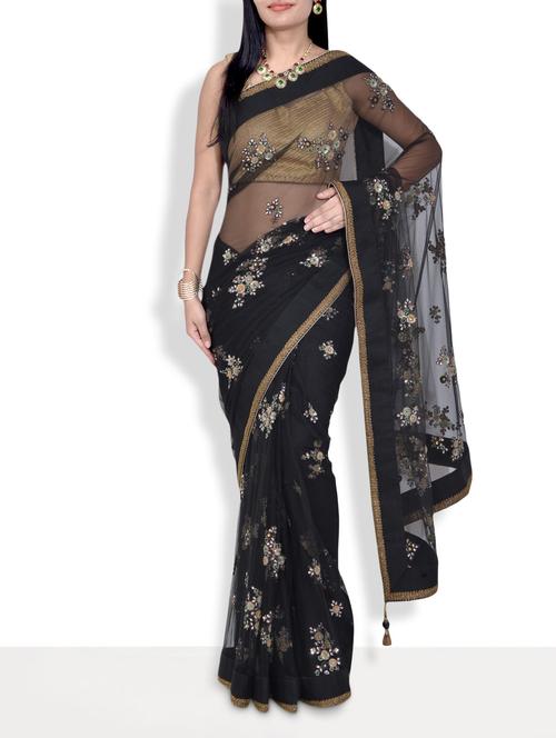 black floral embroidered net handworked saree with blouse - 9637110 - Very Small Image - 1