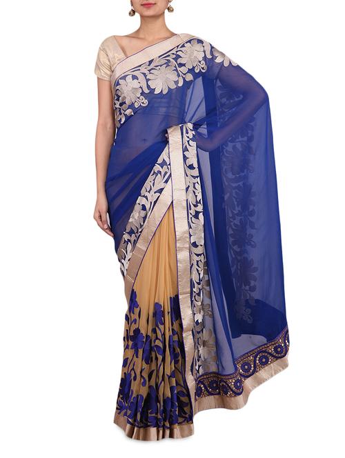 blue and beige chiffon sari - 9641945 - Very Small Image - 1