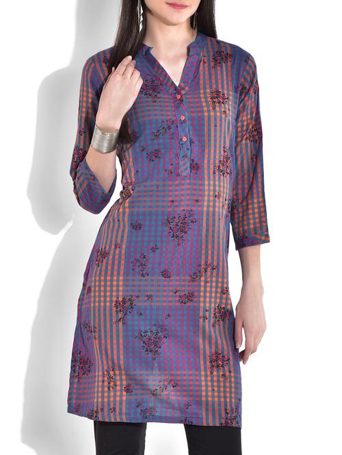 blue and peach checkered cotton kurti - 9642332 - Very Small Image - 1
