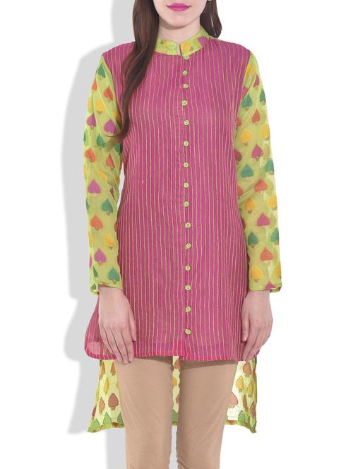 pink chanderi printed high low kurta - 9642408 - Very Small Image - 1
