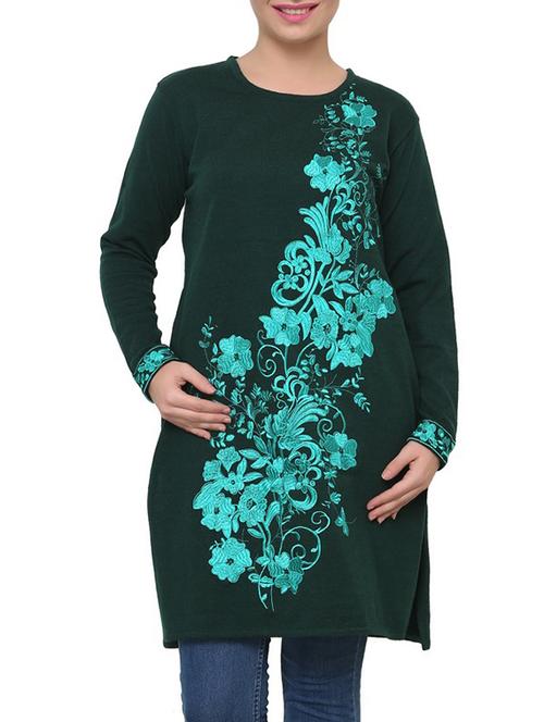 green acrylic printed woolen kurta - 9646072 - Very Small Image - 1