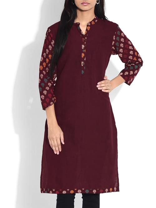 maroon printed quarter sleeved cotton kurta - 9649188 - Very Small Image - 1